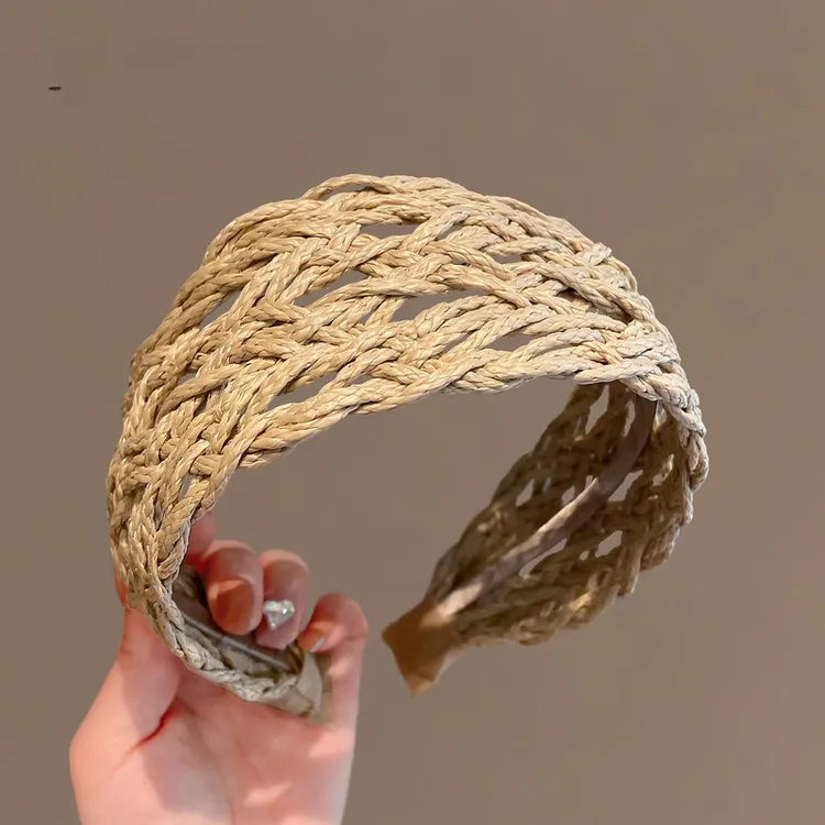 夏季新品藤编发箍气质卡其色宽边头箍发饰2025新款百搭度假风发饰