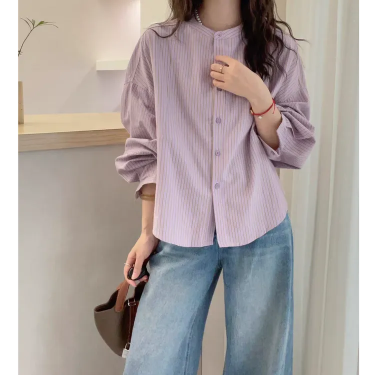 欧洲站2025早秋新款欧货时尚竖条纹蝙蝠袖衬衫女春秋宽松衬衣上衣