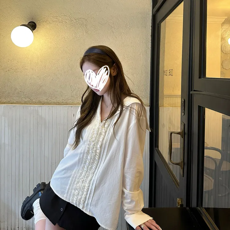 海军领外套女秋季设计感双层木耳花边拉链白色衬衣