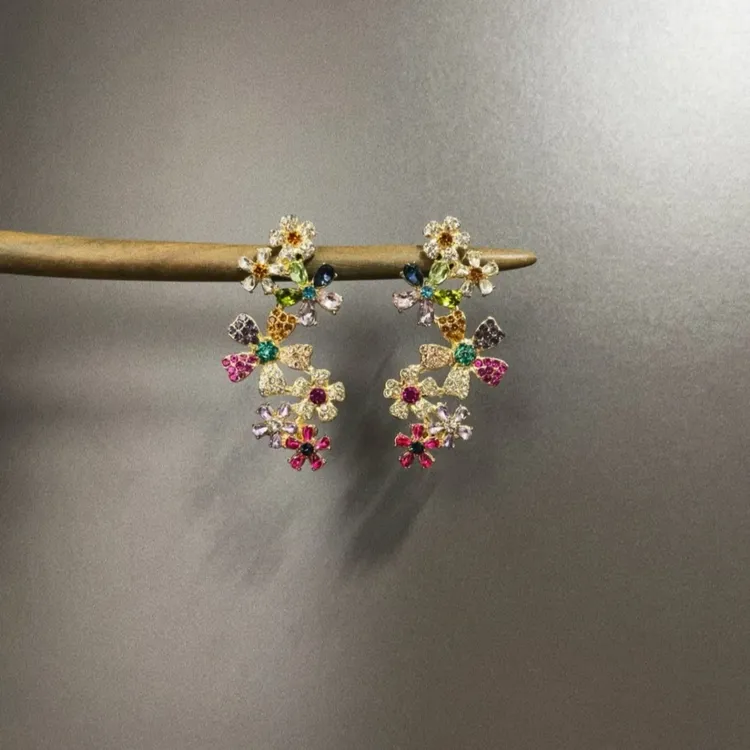 合金耳饰 【繁花似锦】Vintage多巴胺满钻彩色花朵小众一体式耳钉