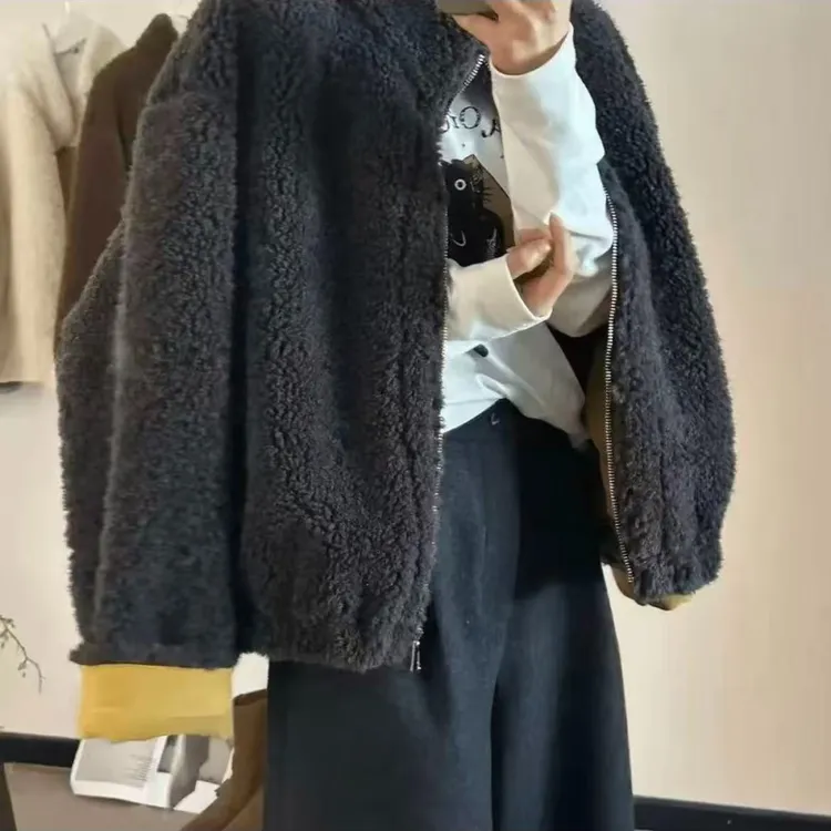 H韩系立领仿羊羔毛皮毛一体短款外套女2025冬新宽松现廋减龄上衣