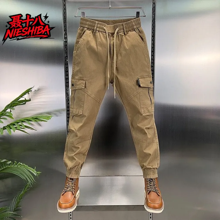 聂十八春新款宽松束脚工装裤潮流松紧腰时尚百搭多口袋休闲长裤