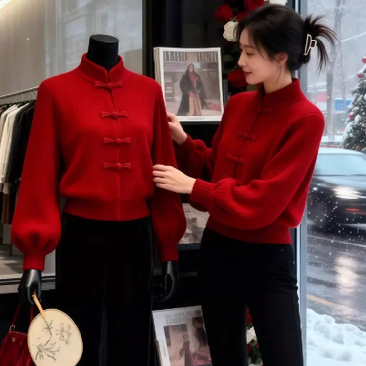 新年红色气质休闲盘扣开衫女外套秋冬季超好看新中式针织毛衣上衣