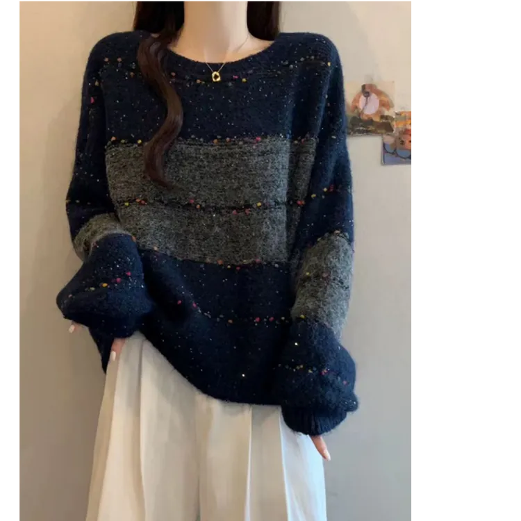 亮片拼色针织衫女长袖秋装新款时尚洋气宽松慵懒风套头上衣1387-1