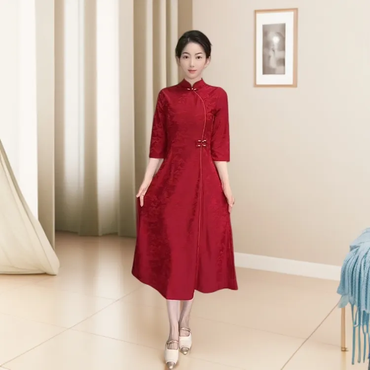 【秋款龙凤呈祥】中国风秋季红色旗袍裙气质修身显瘦复古中长款A16