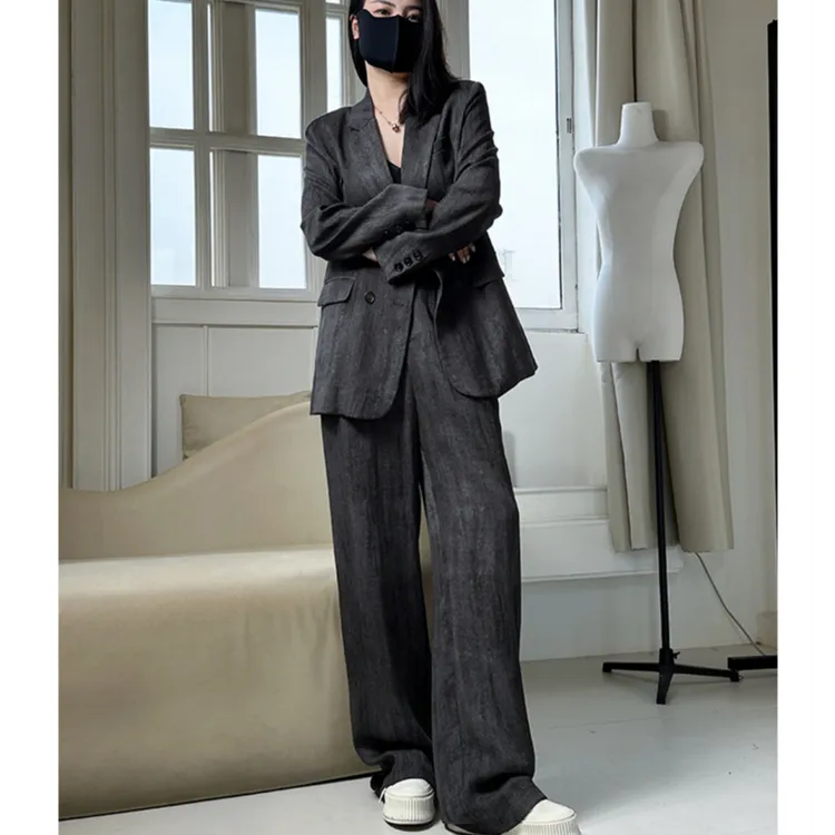 大码时尚宽松西服阔腿裤套装女2025春夏新款复古休闲高级感小西服
