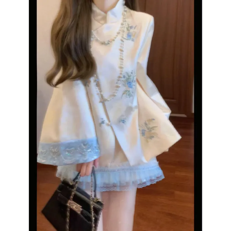 2025秋季新款时尚气质复古新中式提花外套搭高腰刺绣半身裙套装女