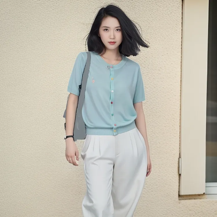 莱赛尔100%天丝薄款针织开衫女七彩扣子精致绣花少女针织衫女夏