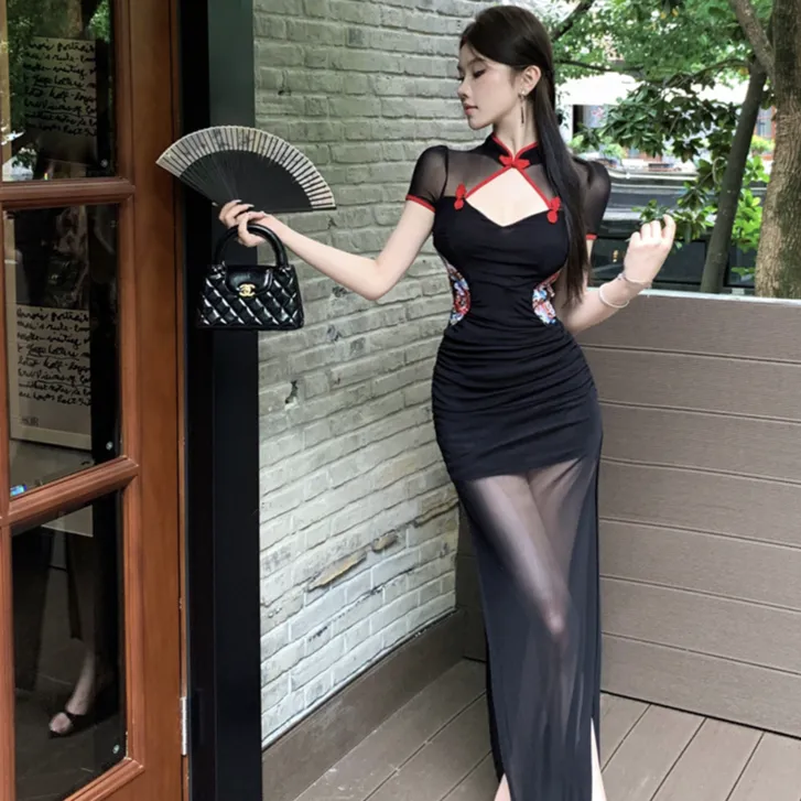 性感网纱透视镂空拼接绣花纯欲辣妹时尚减龄复古新中式旗袍连衣裙