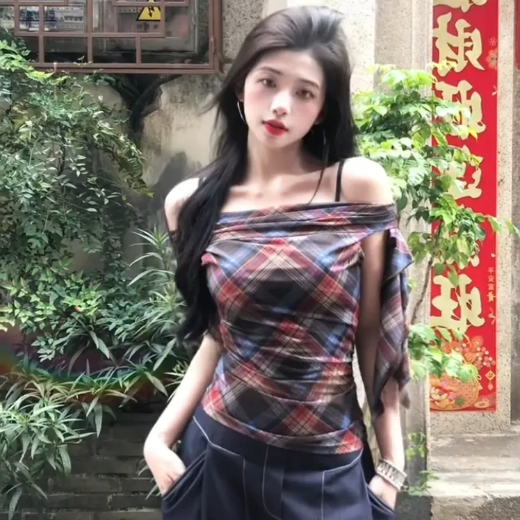 美式夏季复古格纹一字肩修身显瘦甜辣露肩2025新款网纱上衣T恤女