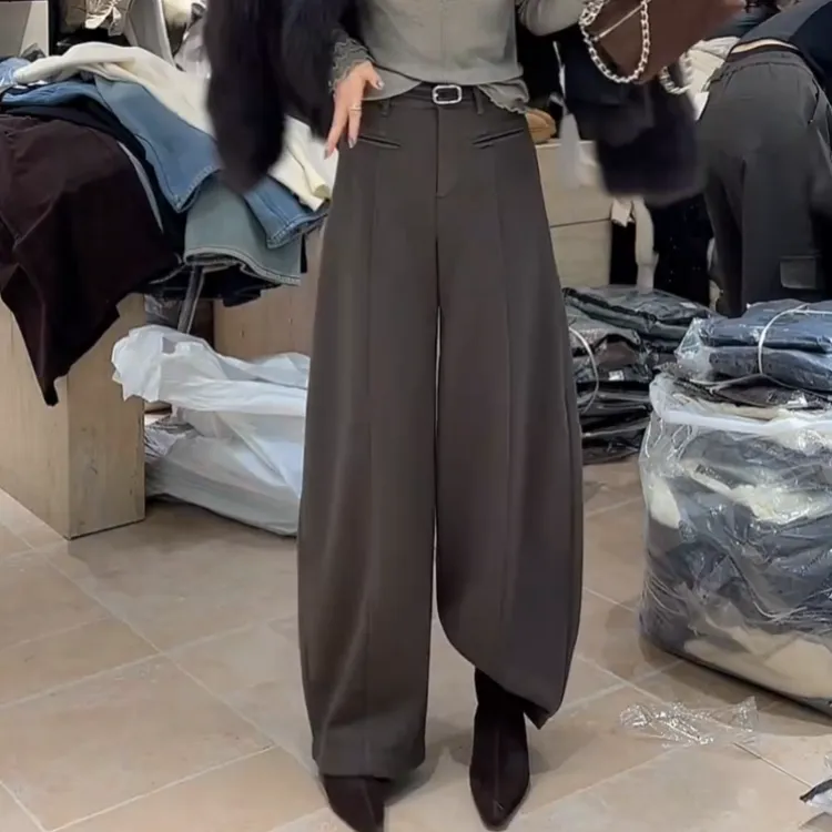 秋冬新款韩系百搭加绒高腰时尚气质窄版弯刀裤加腰带LK2508398