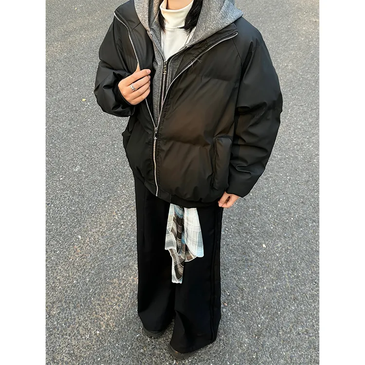 OWH PU皮假两件连帽宽松夹克男女冬季新款保暖短款潮流加厚棉服潮
