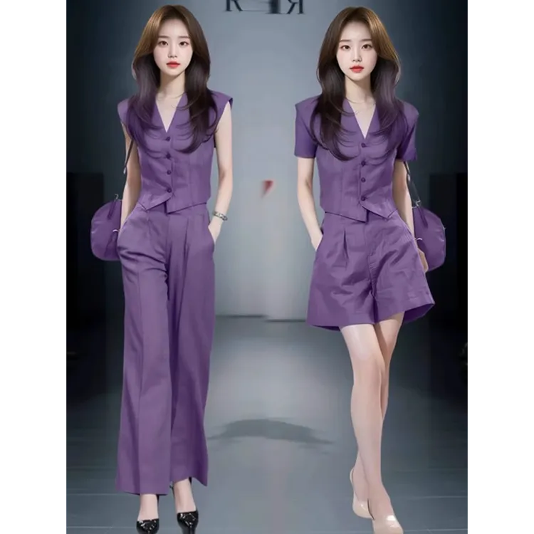 时尚套装女2025夏季新款时髦洋气V领无袖上衣阔腿裤气质两件套潮