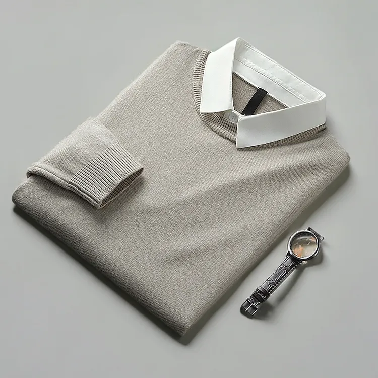 春秋季新款假两件毛衣男士羊毛衫商务高端针织衫轻奢衬衫领线衣潮