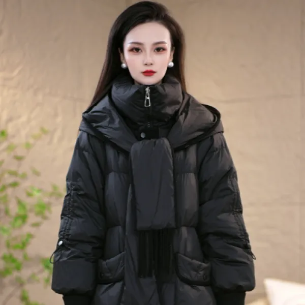 冬季设计感围巾连帽优雅百搭白鸭绒羽绒服M-XL