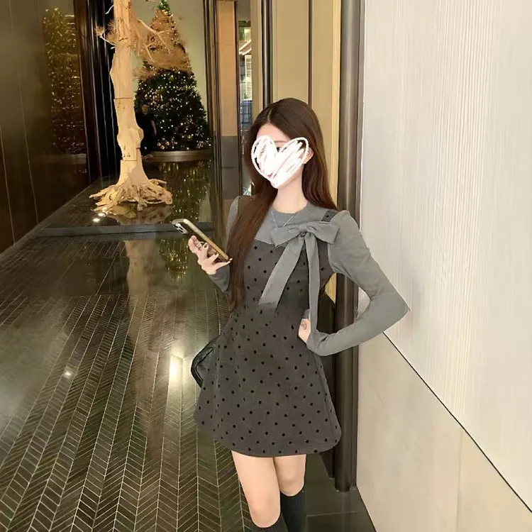 时尚套装法式套头波点连衣裙时尚气质冬季长裙设计感