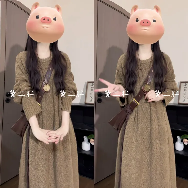 韩系慵懒风麻花针织连衣裙女2025秋冬季新款宽松显瘦打底毛衣长裙