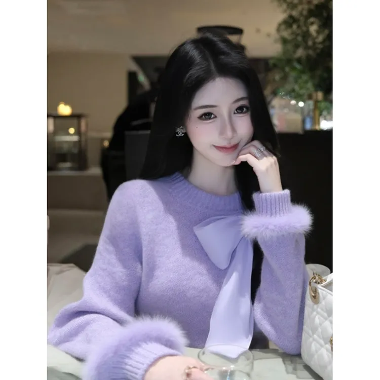 韩系温柔风软糯奶呼呼上衣高级感紫色毛毛袖蝴蝶结针织毛衣女冬季