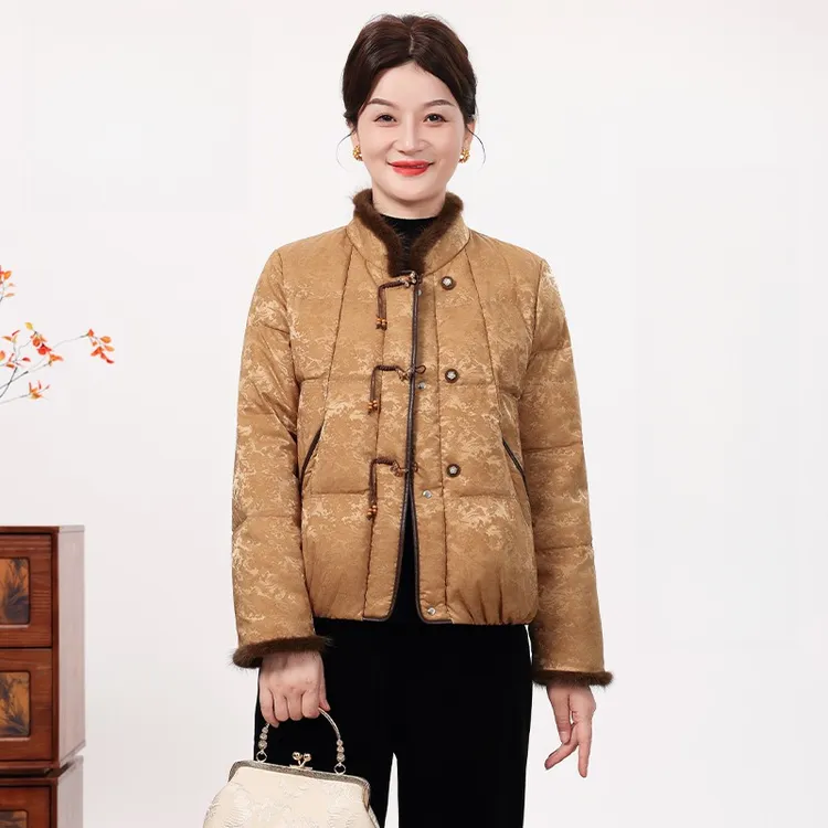 中老年妈妈冬季短款羽绒棉服加厚棉衣时尚立领水貂毛国风冬装棉袄