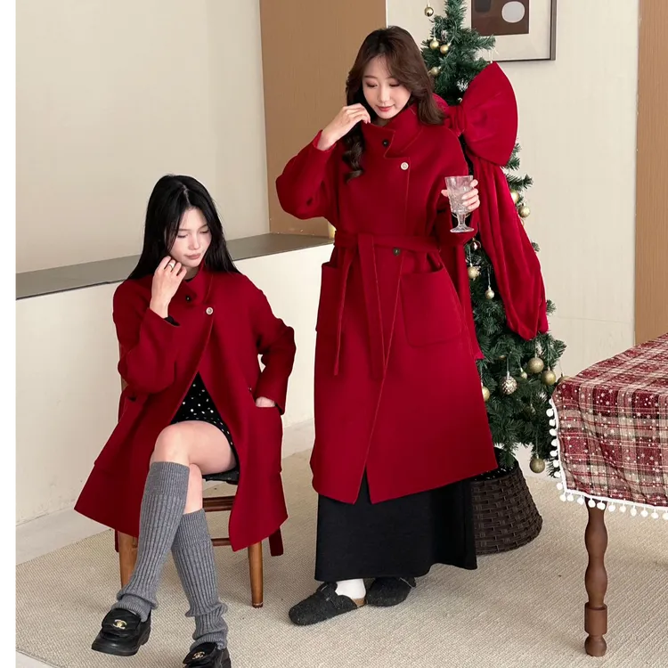 高级感双面羊毛羊毛大衣加长款韩系加厚宽松休闲立领系带秋冬外套