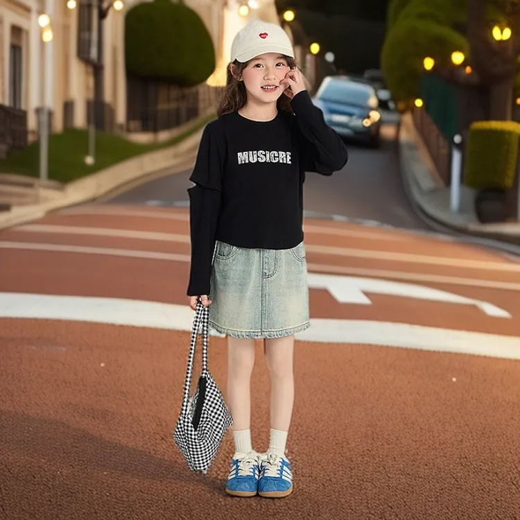 女童韩版长袖t恤字母印花拼接假两件休闲百搭修身圆领上衣中大童