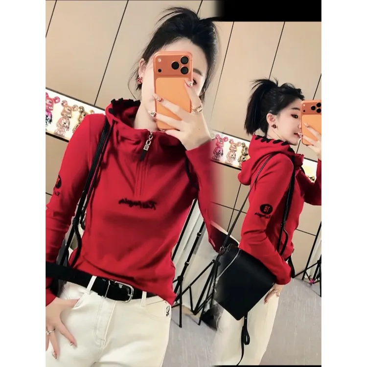 韩版重工刺绣连帽T恤衫春节打底外穿时尚显瘦修身套头百搭气质洋