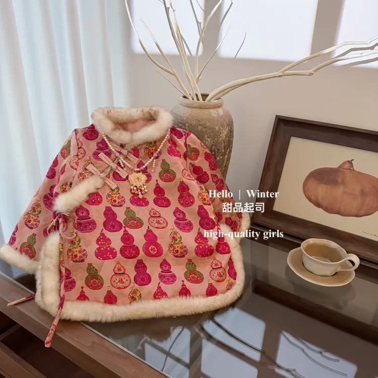女宝宝招财福禄新年服夹棉唐装盘扣国风拜年服裙喜庆过年保暖衣服