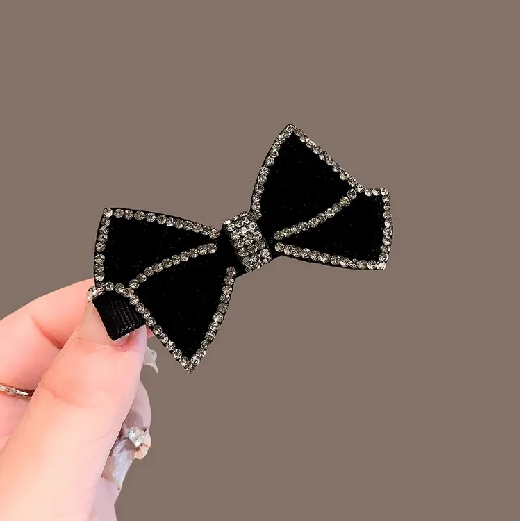 韩系植绒水钻蝴蝶结发夹时尚边夹女气质侧边刘海夹鸭嘴夹顶夹头饰