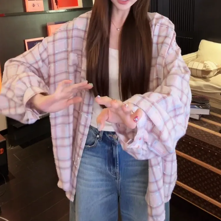 2025韩版新款设计感治愈系女友神仙粉格织带衬衫LK2506377