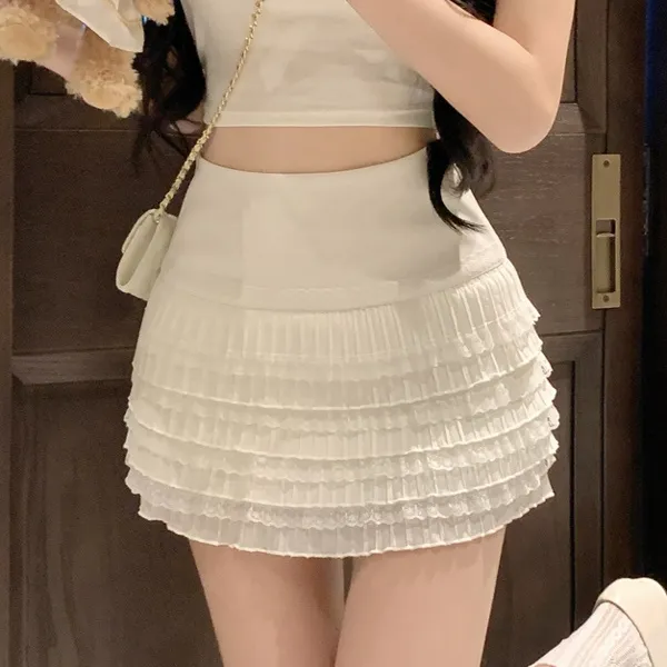气质甜美辣妹蕾丝褶皱短裙女夏设计感显瘦带安全裤百搭蛋糕A字裙