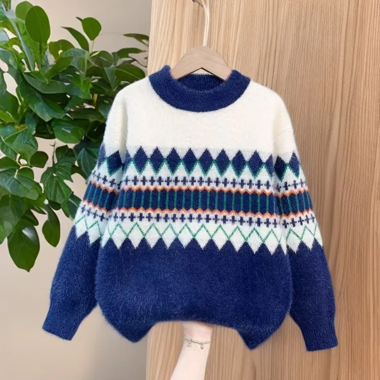 新款加厚仿水貂绒儿童男童中大童时尚洋气秋冬季加厚圆领针织套头