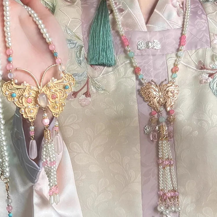 铜树脂项链 国风粉色蝴蝶璎珞流苏项链新中式汉服马面裙旗袍配饰 
