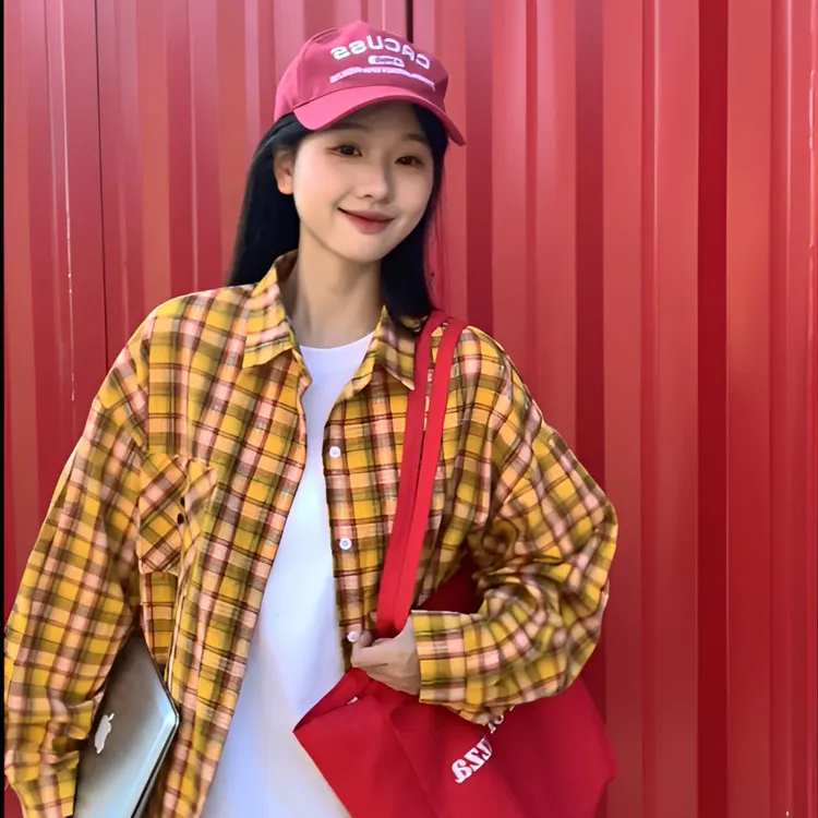 【初夏搭配+格纹拼接+男女同款】ppge春夏新款潮流复古格纹衬衫外套