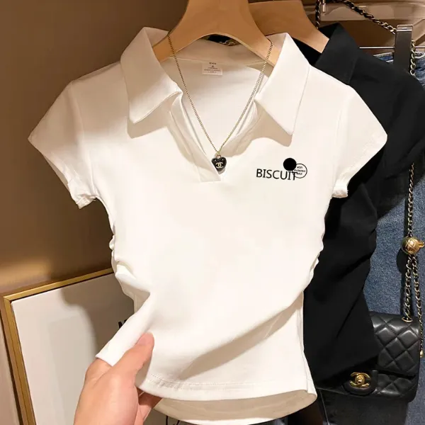 婳娇辣妹小个子t恤短袖修身显瘦夏季设计感褶皱收腰polo领上衣女