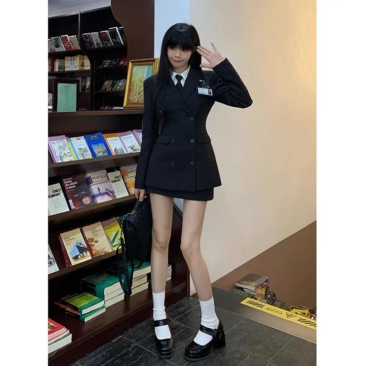 张元英同款上衣外套西装套装女早春JK制服收腰修身包臀裙三件套女
