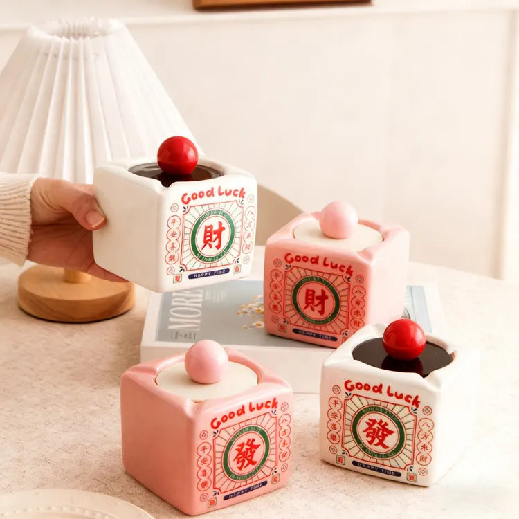 新年复古怀旧搪瓷陶瓷烟灰缸财运大发发财国潮大容量带盖防飞灰