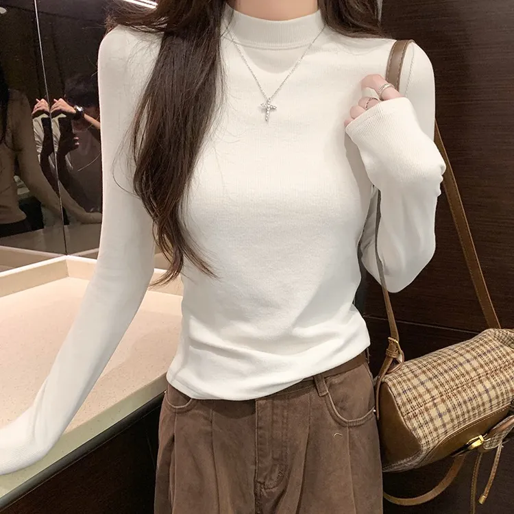 （新疆直发）白色小立领双面德绒打底衫女秋冬保暖加厚长袖内搭上衣