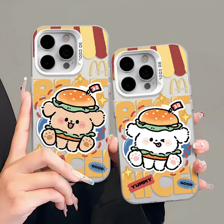 汉堡小狗情侣手机壳适用苹果16华为oppo荣耀小米15vivo红米镭射硬