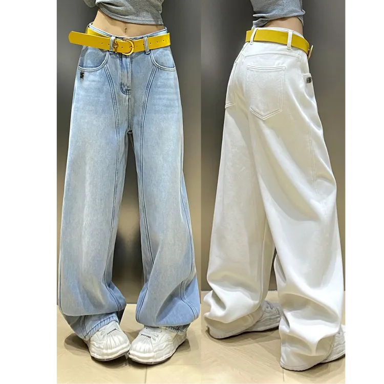 浅色弯刀牛仔裤女2025秋冬加绒休闲简约直筒宽松显瘦拖地阔腿长裤