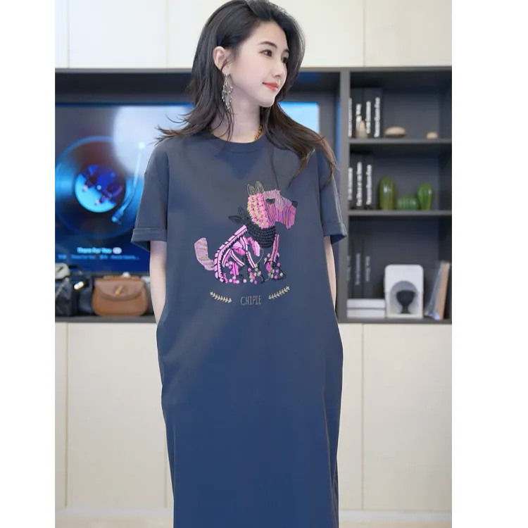 小乖逃X长款三色丝光棉小狗裙高级女款藏蓝长款夏季连衣裙6094