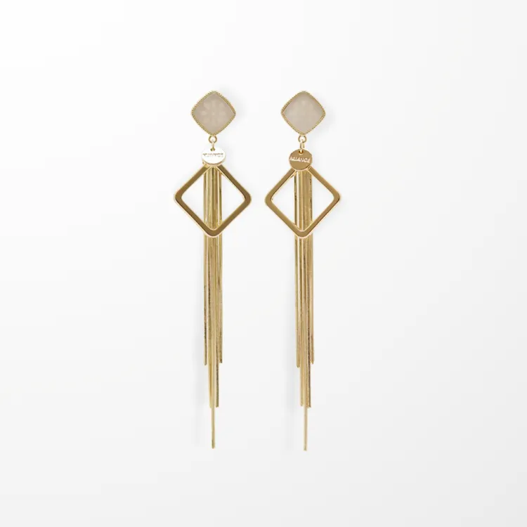铜合金耳饰 金色几何小方块流苏设计感耳饰小众百搭欧美耳环长款