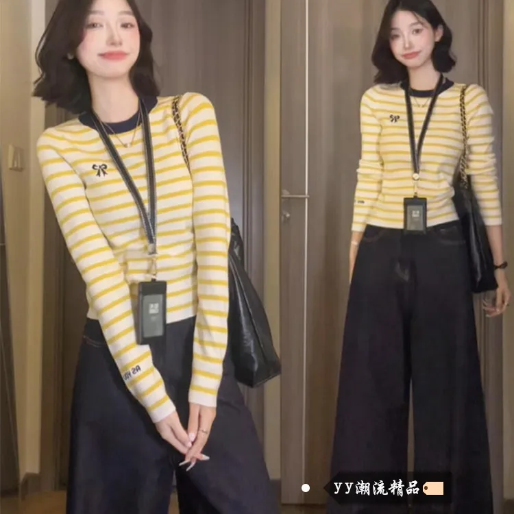 小个子撞色条纹蝴蝶结修身内搭打底衫针织女初秋高级感针织衫上衣