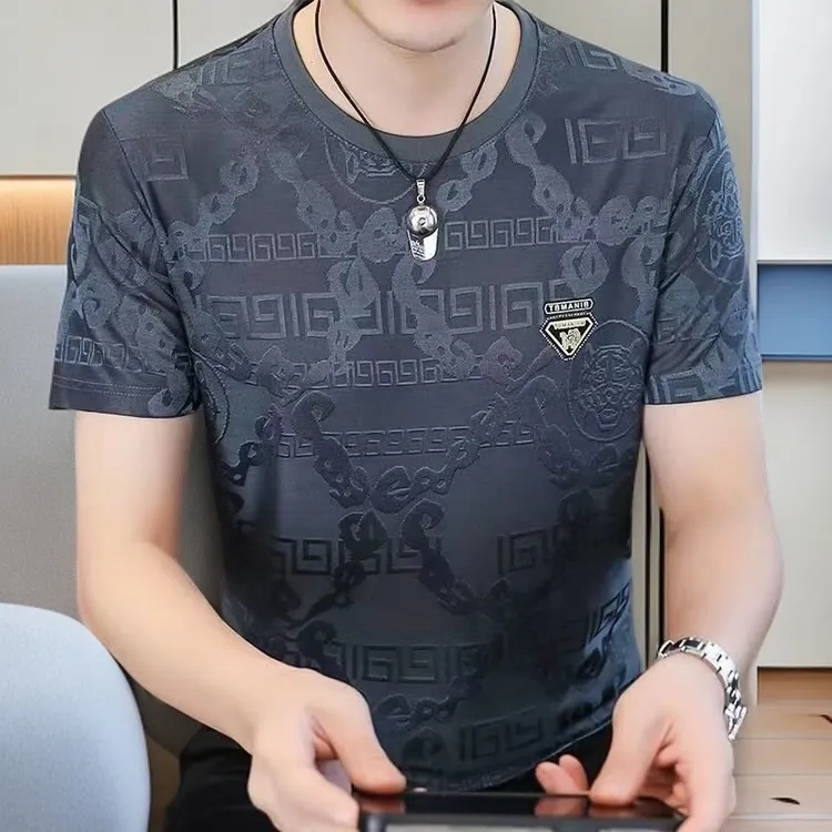 高档网眼男士提花半袖薄款男装上衣服夏季透气圆领冰丝短袖男t恤