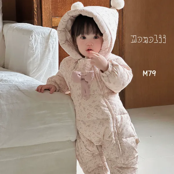 婴儿羽绒服连体衣碎花双毛球帽子韩范公主哈衣白鸭绒羽绒服2479