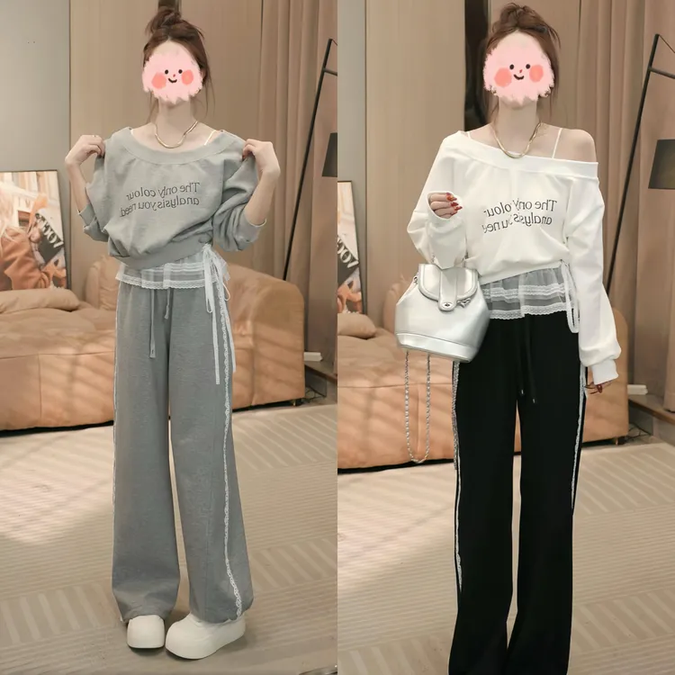 2025春季韩版网红休闲套头显瘦字母卫衣显高卫裤蕾丝腰帘三件套女