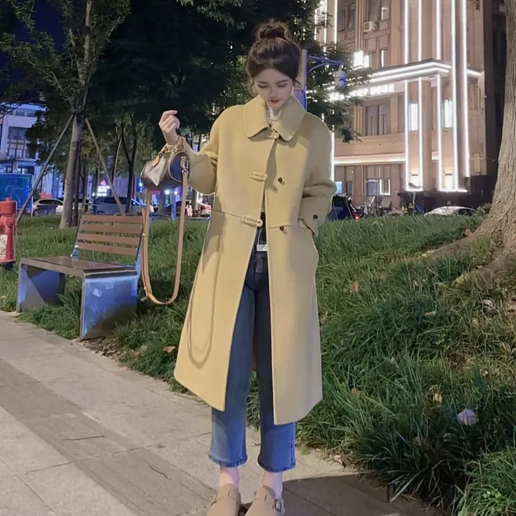 25910 韩系复古慵懒风纯色简约时尚修身翻领收腰显瘦百搭羊毛大衣
