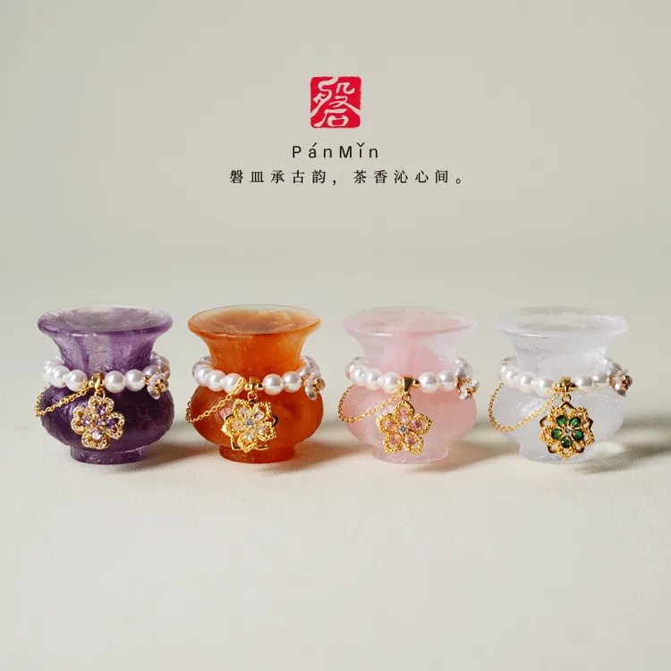 磐皿｜心缘堂-青雅盖置-粉彩紫脱蜡古法琉璃家用盖碗茶壶茶道配件