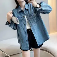 6128水洗厚款长袖女春秋外穿牛仔衬衫夏季牛仔宽松秋季
