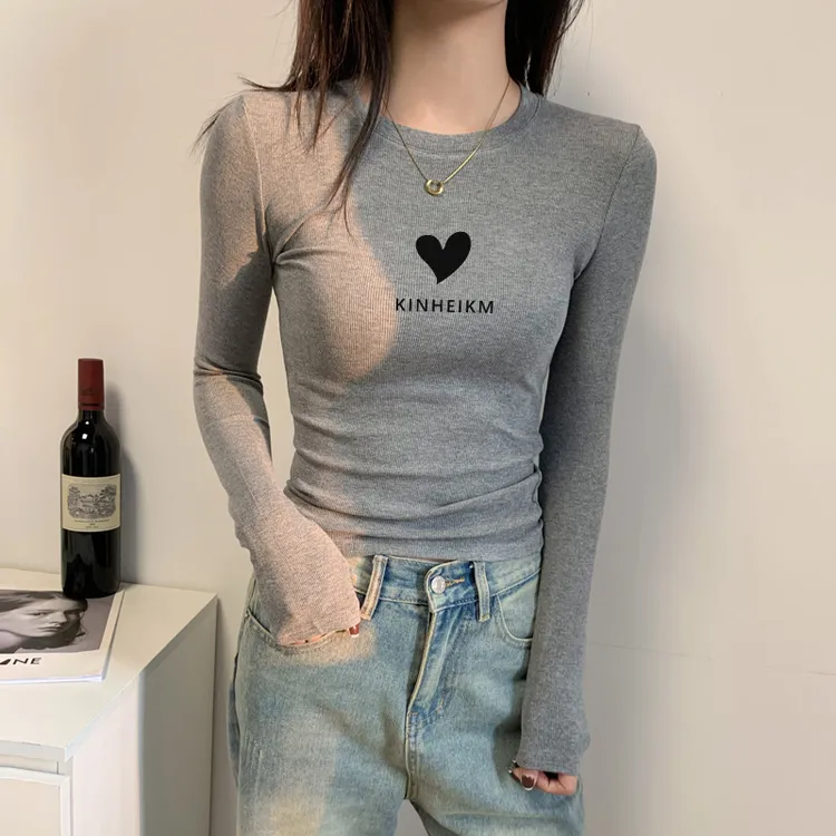 美式辣妹印花长袖修身打底衫上衣女春秋正肩圆领螺纹纯棉内搭t恤