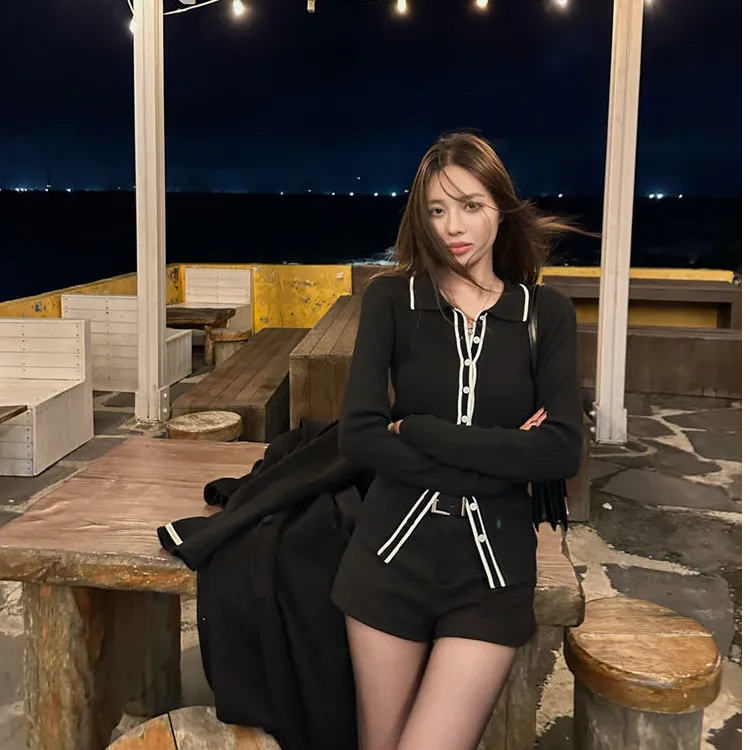 小香风撞色polo领针织衫女修身气质早秋穿搭毛衣巨好看上衣短裤子